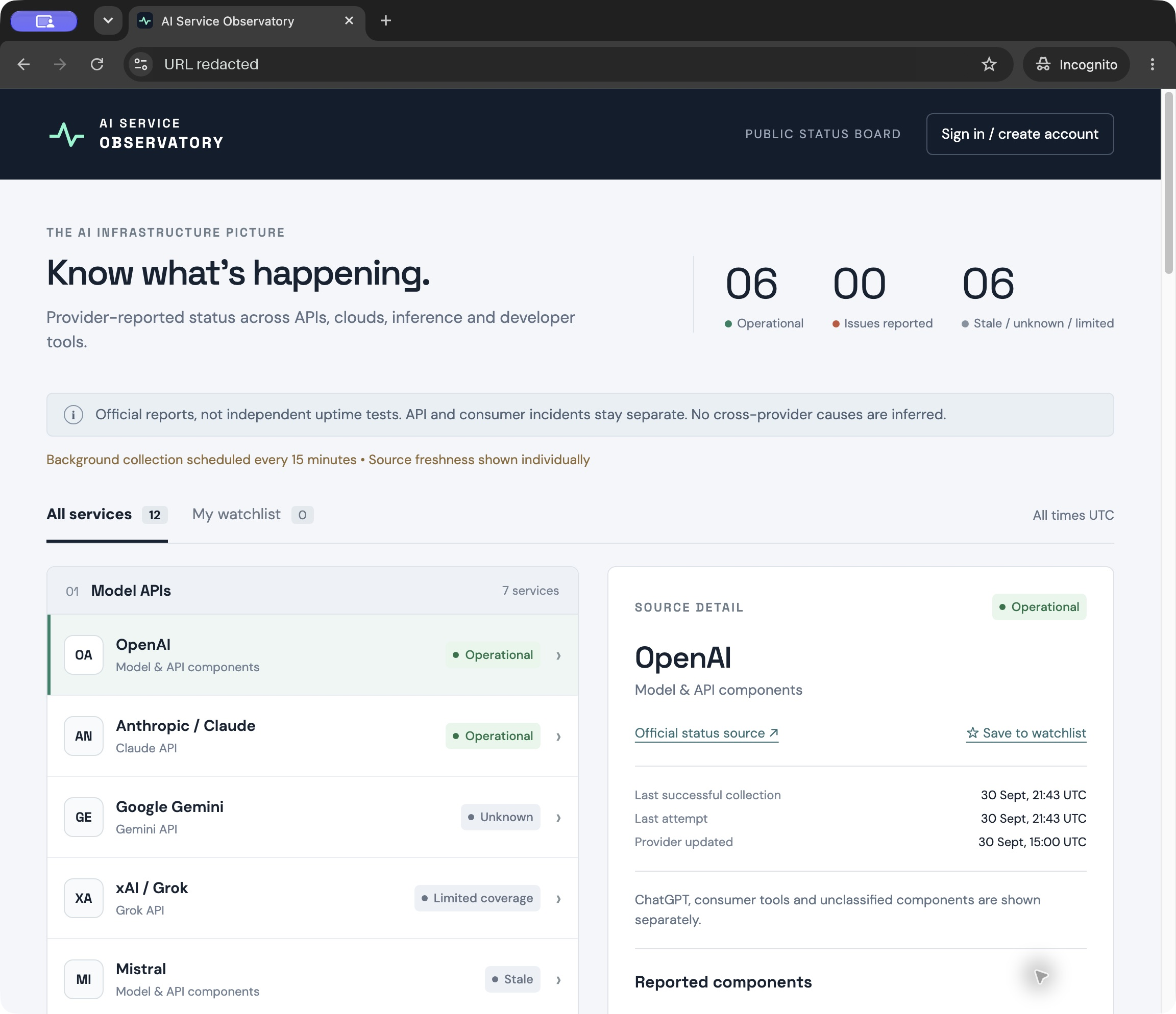 Dots’ AI Service Observatory dashboard, with service status, a watchlist tab and incident details.