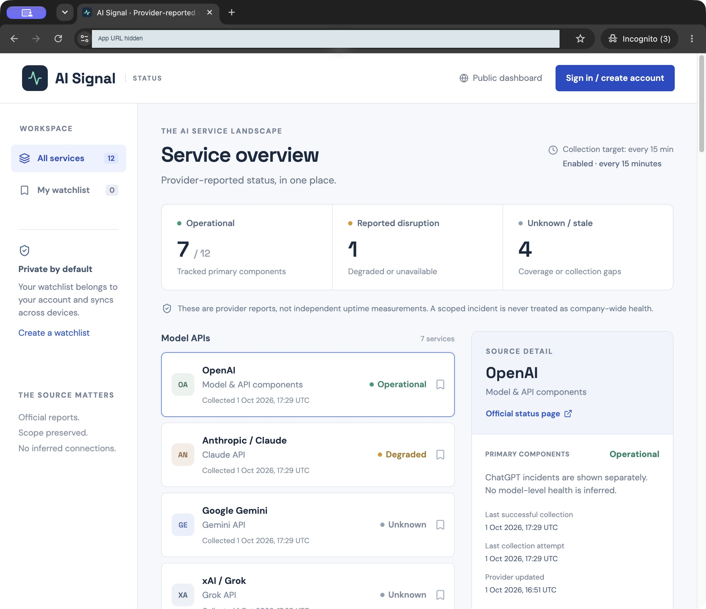 Dots’ AI Signal dashboard, with a service sidebar, status totals and a source detail panel.